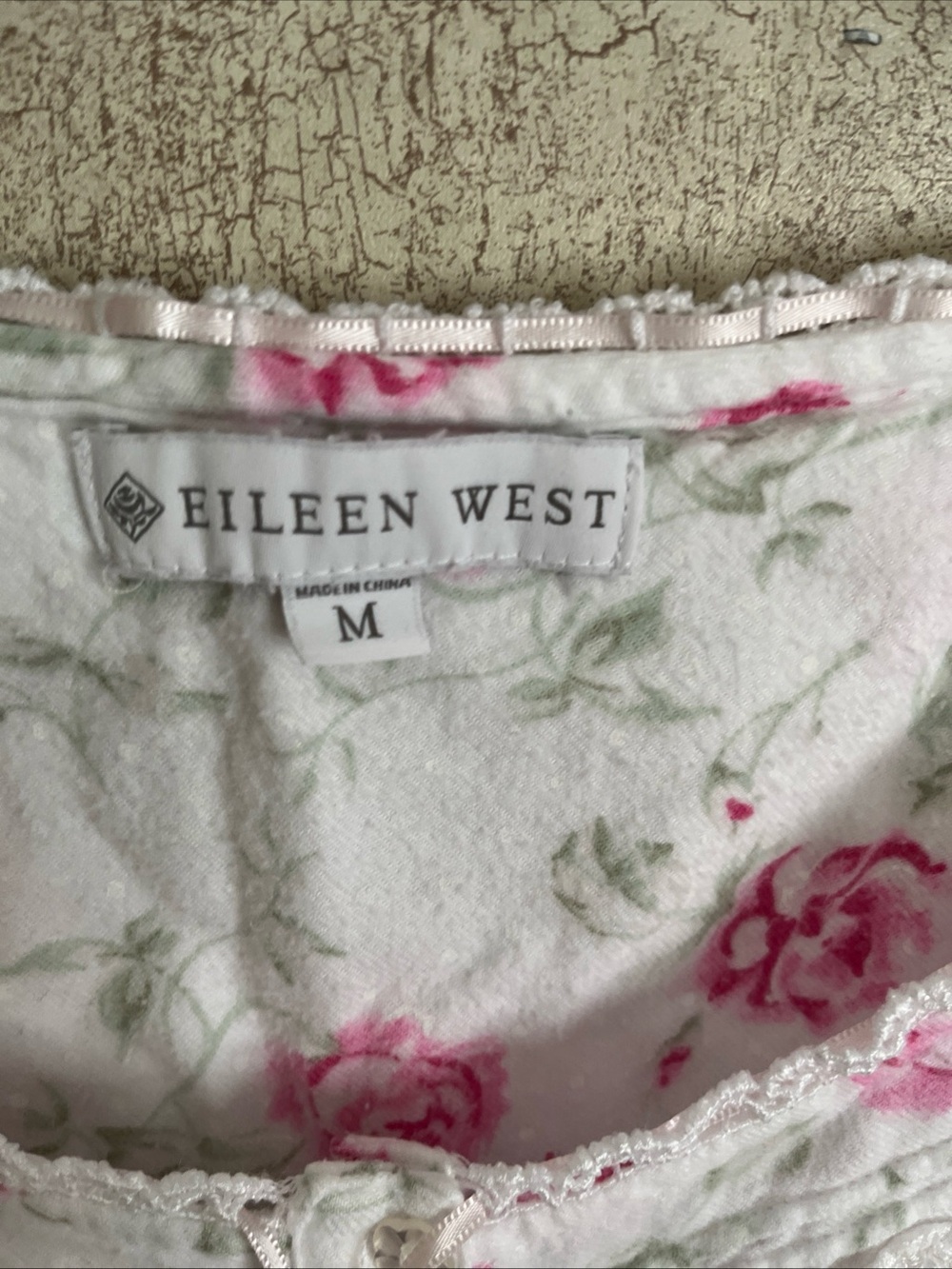 Eileen West Flannel Cotton Nightgown White Pink Roses Floral Lace Trim Cottage M - Picture 5 of 8